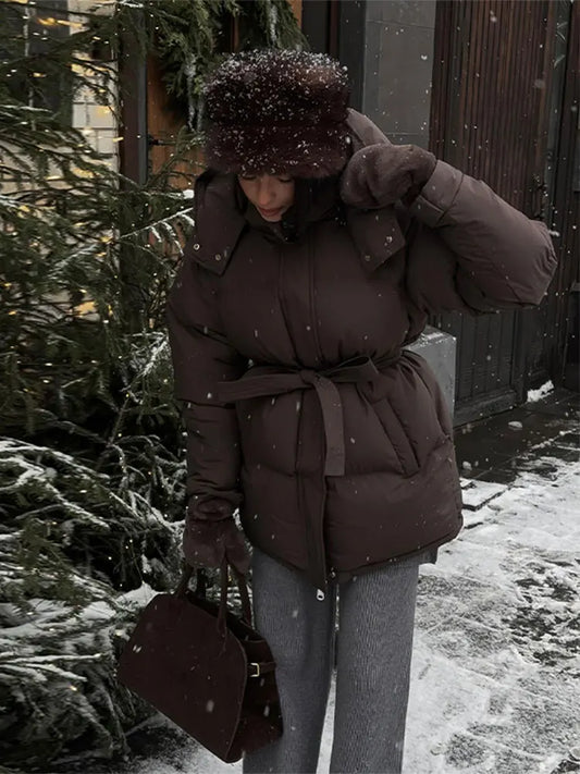 Winter Warm Hooded Cotton Jacket Women Fashion Standneck Zipper Long Sleeves Lace Up Coat 2025 Female Chic Casual Outerwear