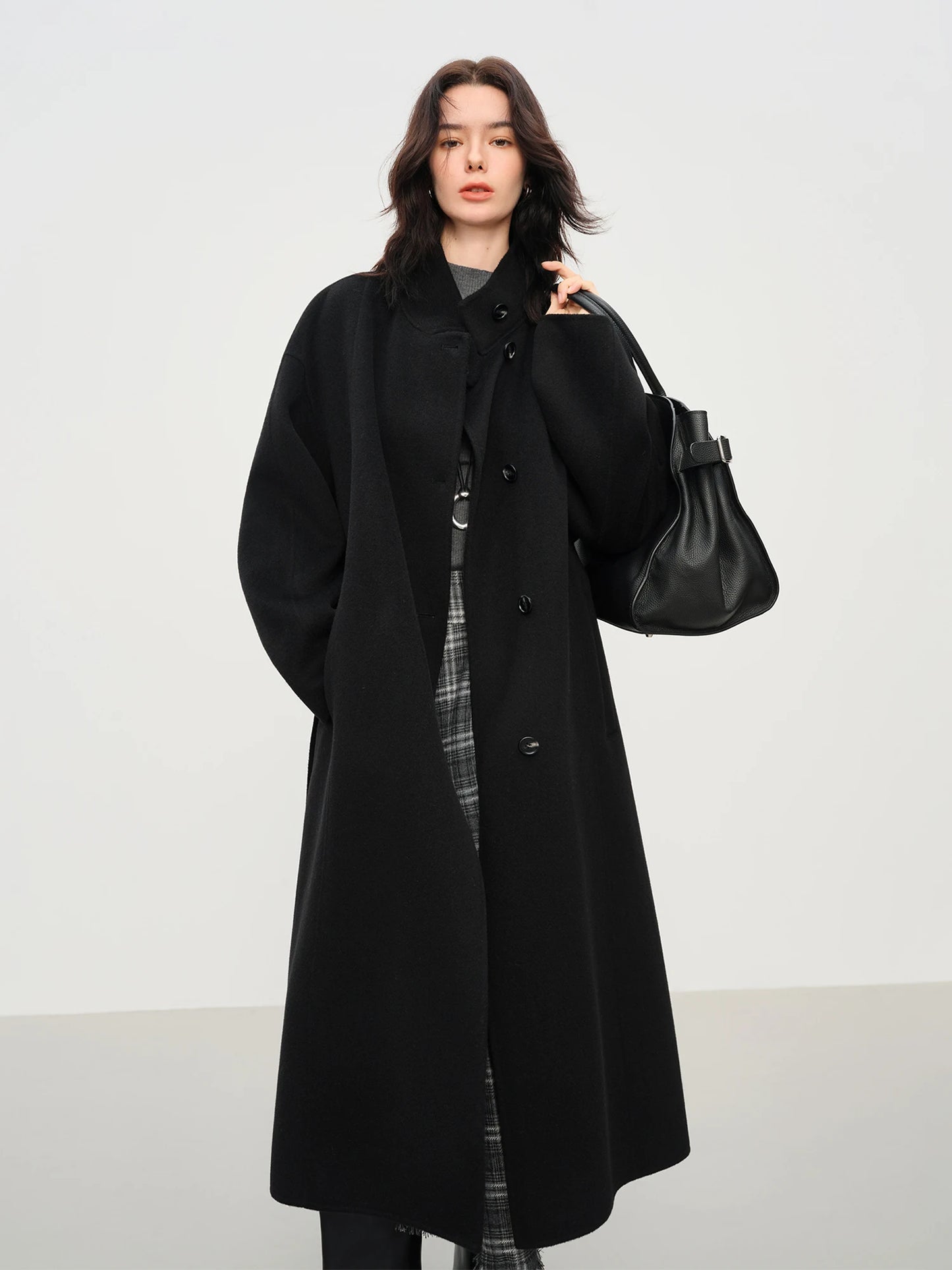 FSLE 2025 New Women's Elegant Stand Collar 100% Wool Double-Faced Long Coat Diamond-Shaped Tailoring Autumn Winter Outerwear