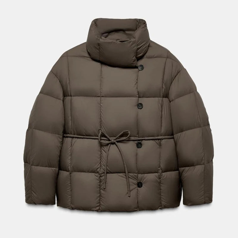 Buttoned Tie-Waist Stand Collar Puffer Jacket Solid  Long Sleeve 2025 Winter Cozy Warm Women Outerwear Chic Casual Lady Coat