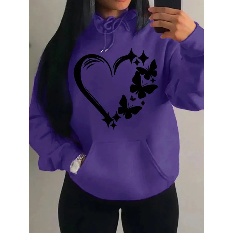 Women's Love and Butterfly Pattern Hoodie Hip Hop Street Fashion Pocket Clothes Retro Multi Color Hoodie