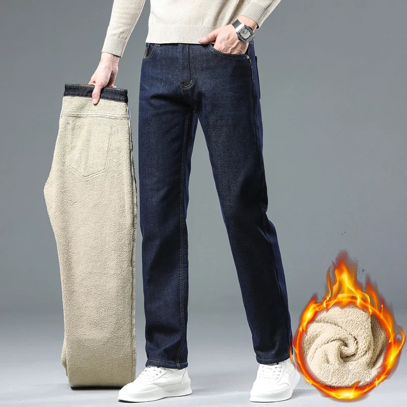 Winter Men Thicken Fleece Jeans Black Blue Straight Leg Slim Warm Casual Denim Pants Male Business Work Thermal Trousers New Men