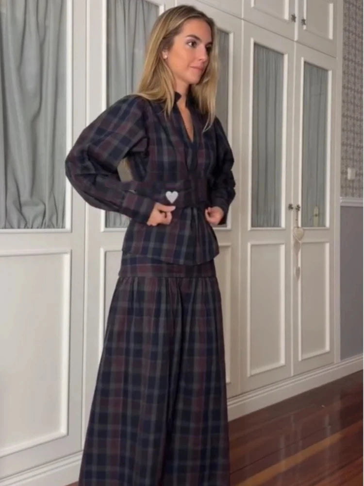 Casual Lace Up Pleated Checkered Suit Women Elegant Long Lantern Sleeves Slim fit Set 2025 Autumn Office Lady Commute outfits