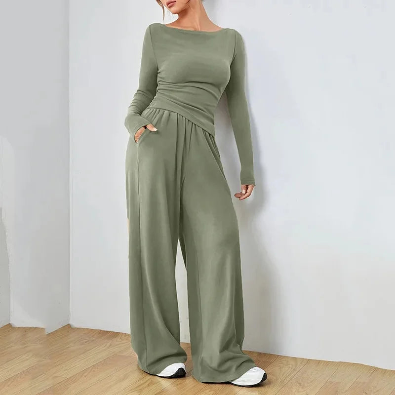 Women's Loose Wide Leg Pants Set Two Pieces Soft Style Irregular Fashion Set Polyester Fiber from Mainland China