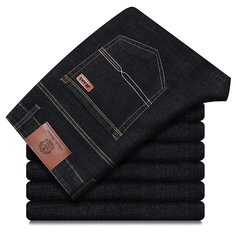 Wthinlee New Business Men's Jeans fleece Casual Straight Stretch Fashion Classic Blue Black Work Denim Trousers Male  Clothing