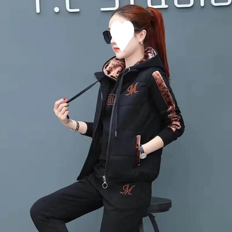 Women's Autumn Winter 2023 New Plus Size Casual Three-Piece Set Fleece-Lined Thickened Sportswear Sweatshirt