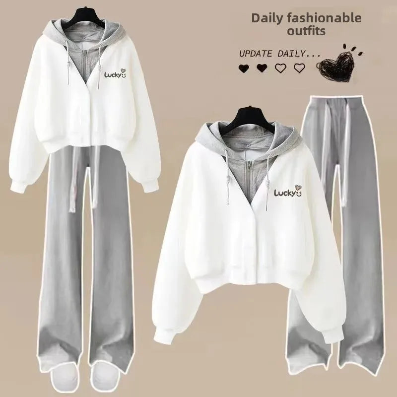 Spring Autumn Loose-Fit Two-Piece Illusion Hooded Sweatshirt Straight-Leg Bell Bottoms Casual Suit Set Chinese Style