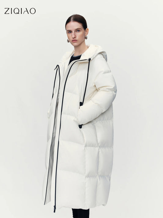 ZIQIAO Lightwarm Compact Fit for Petite Women Outdoor Hooded Long White Down Jacket Women's 2025 New Arrival Outerwear Down Coat