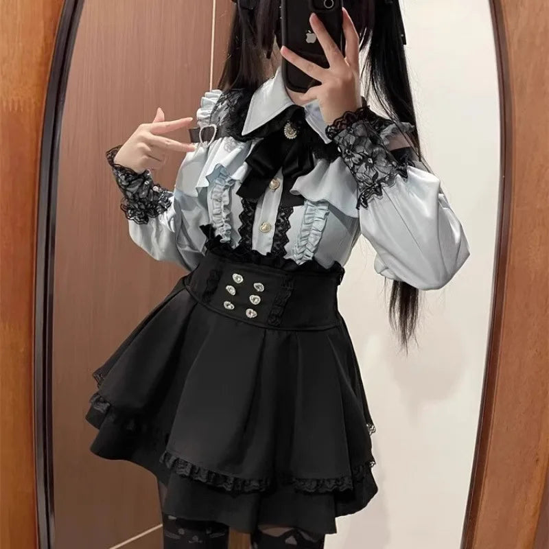 Yami Kawaii Two-Piece Set - Lace Blouse & Mini Skirt Coord, Sexy Gothic Lolita Crop Top with Detachable Sleeves for Petite Girls