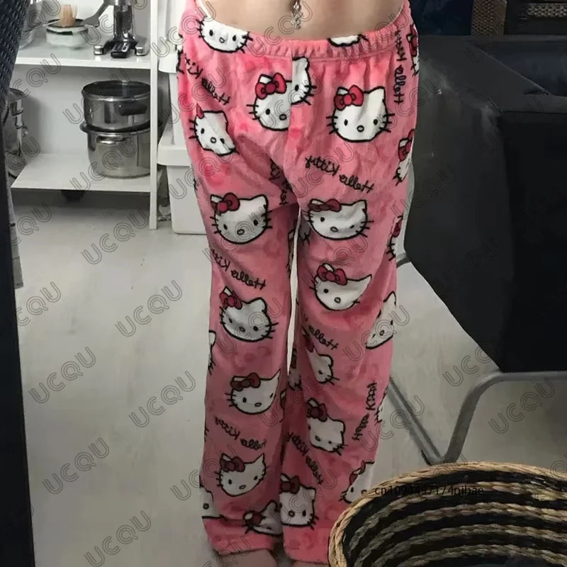 2026 Cartoon Anime Y2K Hello Kitty Pajamas Pants For Women Autumn Winter Christmas Couple Flannel Trousers Casual Home Clothes