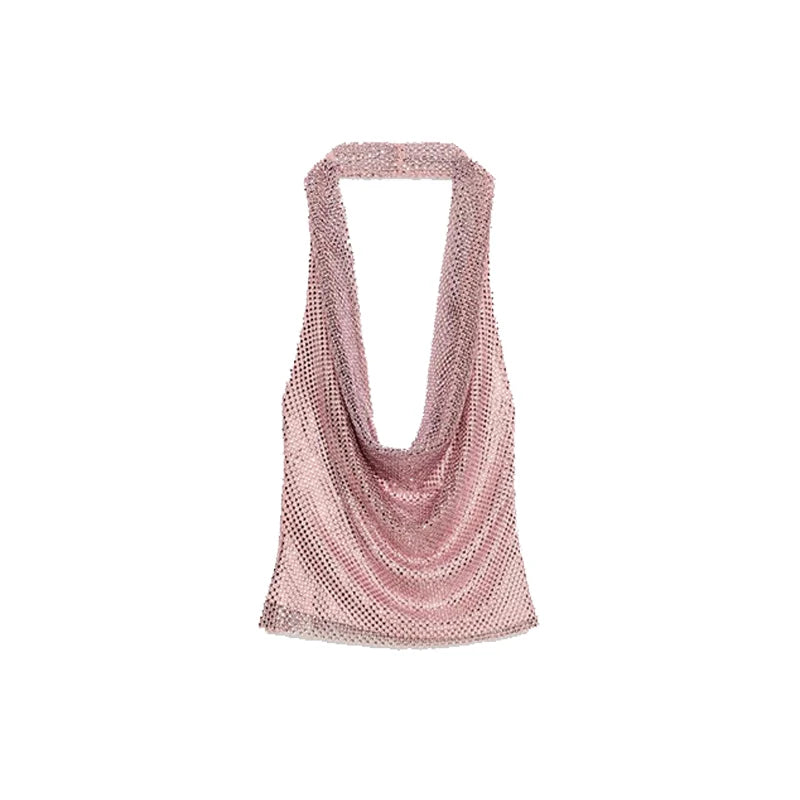 Elegant Backless Diamonds Party Dress Sleeveless Draped Neckline Knee-length Bodycon Dresses Women's Shinning Sexy Evening Robe