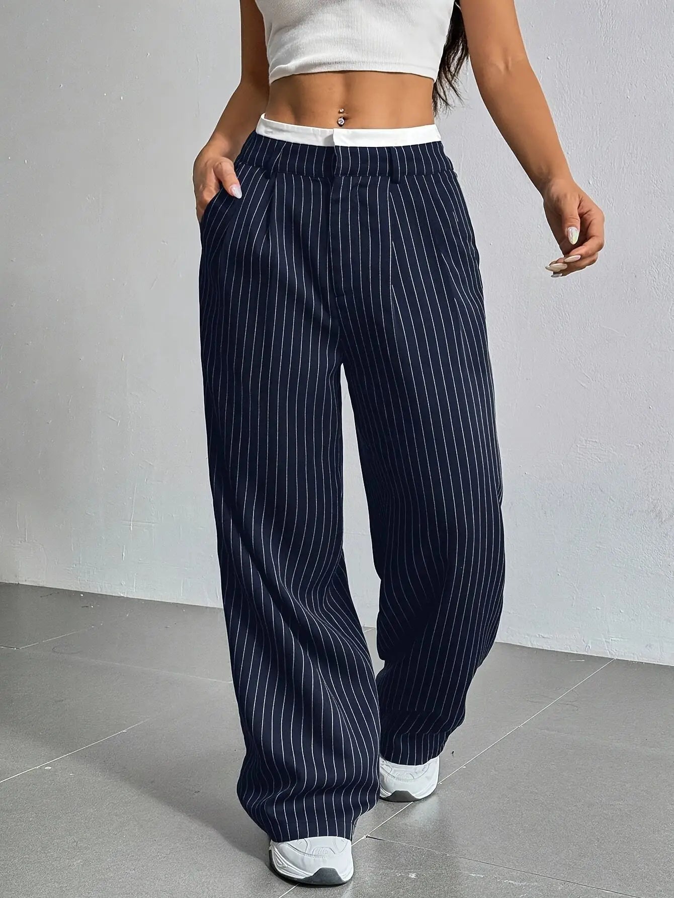 Women's Straight Leg Pinstripe Trousers High Waist Office Business Pants Casual Striped Dressy With Pockets
