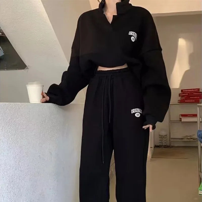 Women's Fleece Lined Hoodie And Pants Set Casual Sportswear For Running Autumn Winter New Fashion Street Style Two Piece Outfit