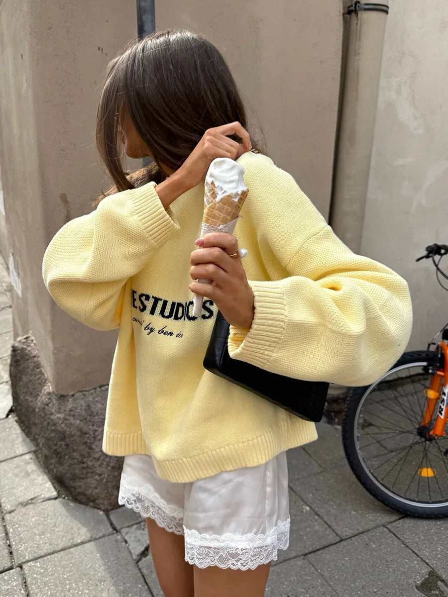 Butter Yellow Letters Knitted Sweater For Women Casual O-Neck Long Sleeve Pullover Tops 2025 Winter Daily Street Loose Sweaters