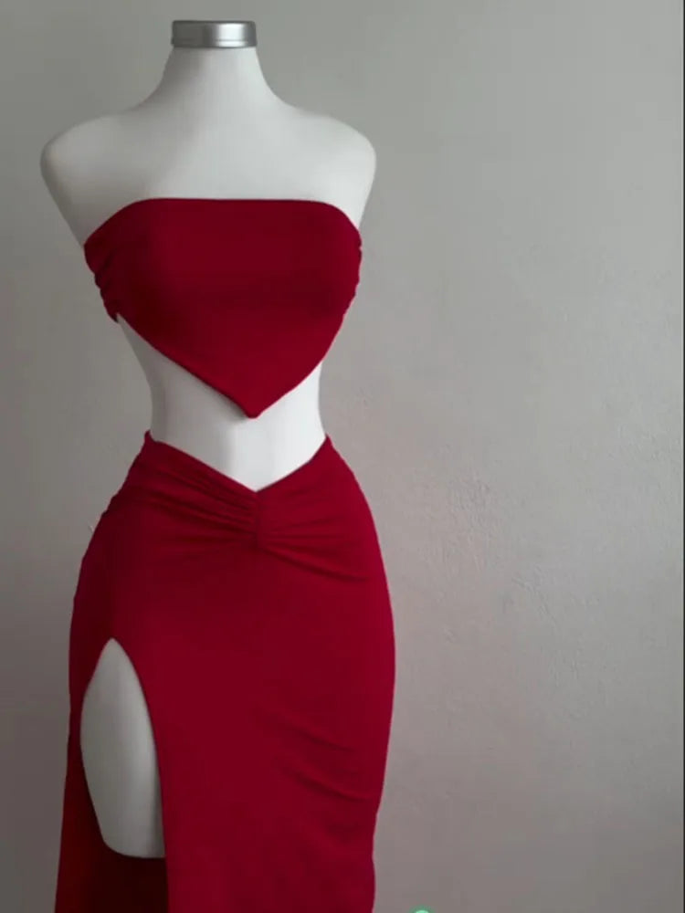 Strapless Backless Crop Top High Waist Skirt 2 Piece Set Women Summer Sexy Slim Fit Split Midi Dress Tube Suits Party Club Sets