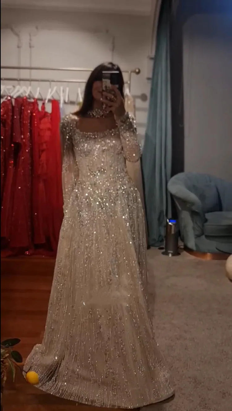 FATAPAESE Exquisite Stones Beads Haute Couture Evening Dresses Luxury Long Sleeve Prom Dresses for Wedding Party Arabic Dress
