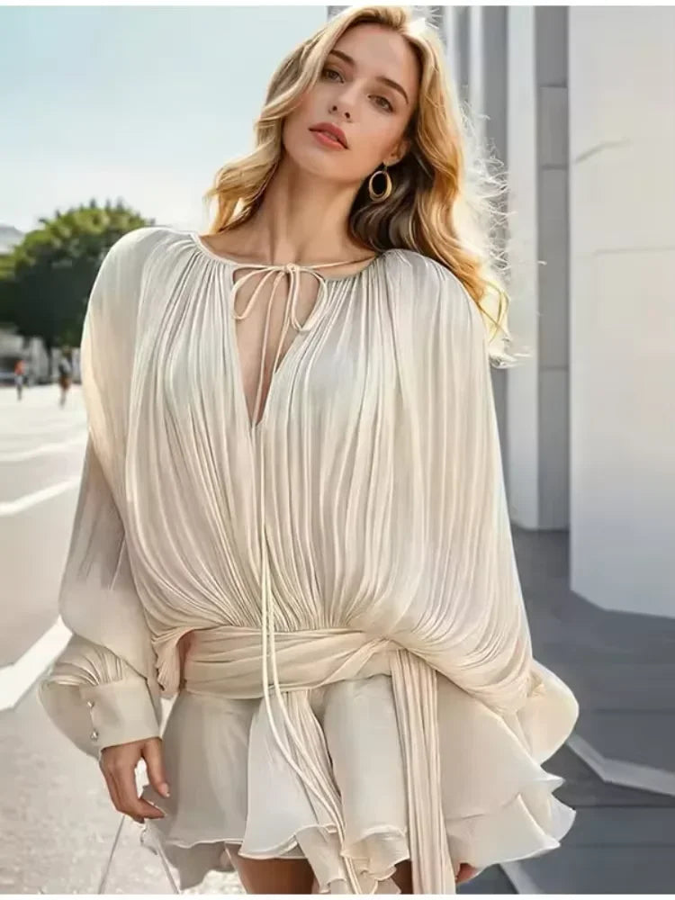 Elegant Ruched Mini Dress For Women Round Neck Lantern Long Sleeve High Waist Temperament Dresses Female Fashion 2025 CLOTHING