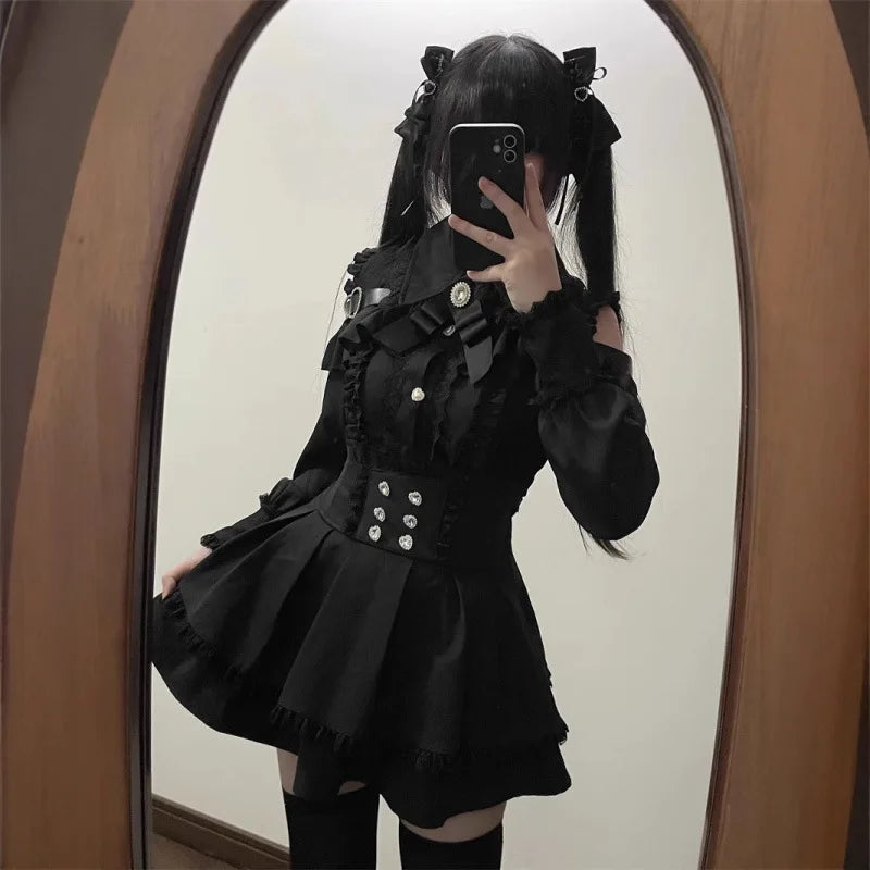 Yami Kawaii Two-Piece Set - Lace Blouse & Mini Skirt Coord, Sexy Gothic Lolita Crop Top with Detachable Sleeves for Petite Girls