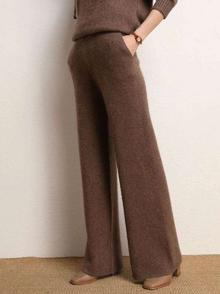 New Chic Women's 100% Cashmere Pants Autumn Winter Wide Leg Pants Simple Style Office Lady Cashmere knitted Trousers Thick Pants