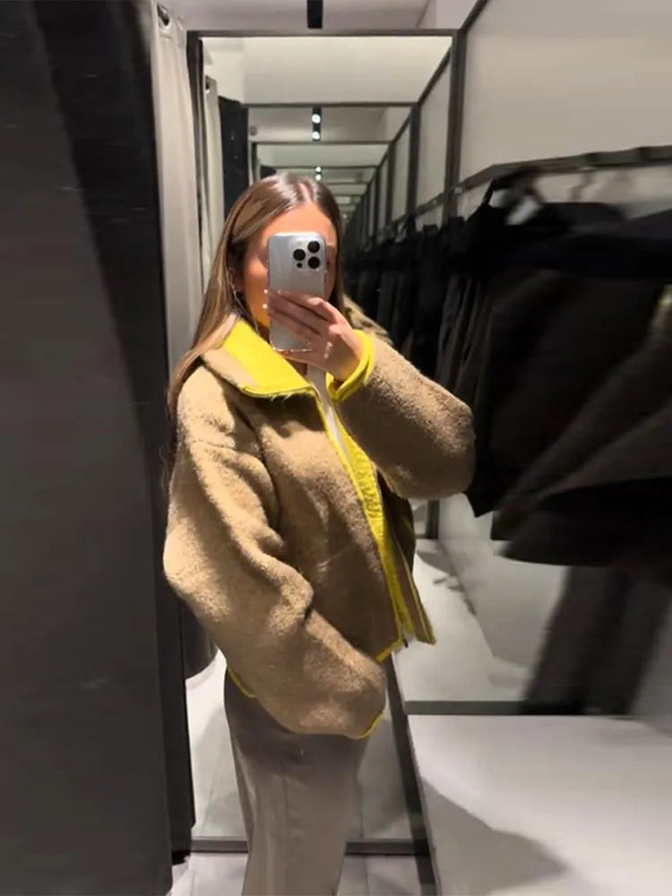 Color Blocking Knit Jacket Lady Long Sleeve Loose Zipper Pocket Casual Coat Chic Fashion Street Women's New Early Autumn Jackets