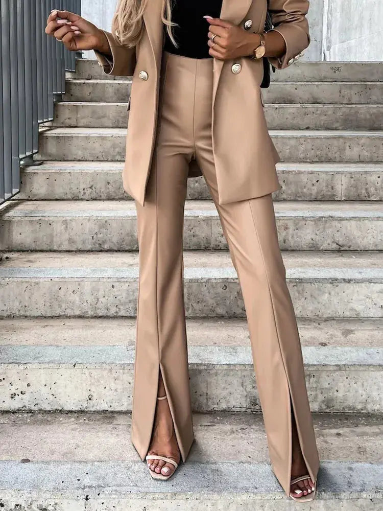 PU Leather Slim Straight Pants For Women High Waist With Pockets Chic Workwear Trousers