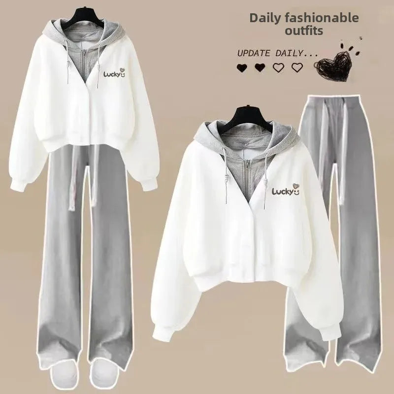 Spring Autumn Loose-Fit Two-Piece Illusion Hooded Sweatshirt Straight-Leg Bell Bottoms Casual Suit Set Chinese Style