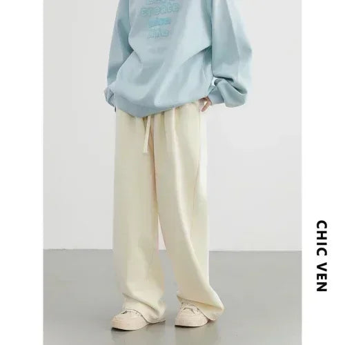 CHIC VEN Women's Pant Streetwear Solid Loose New Drawstring Sports Casual Trousers High Waisted Pants Autumn Winter 2025