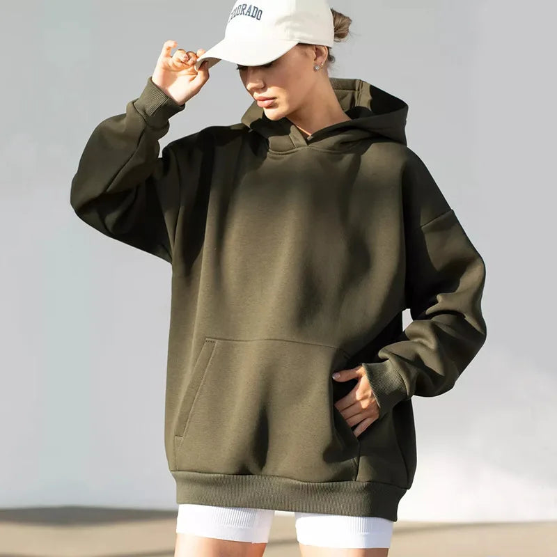 Women's Loose Hooded Sweatshirt Dropped Shoulder Sleeves Big Pockets High Street Fashion Top 14 Colors Pullover for Female