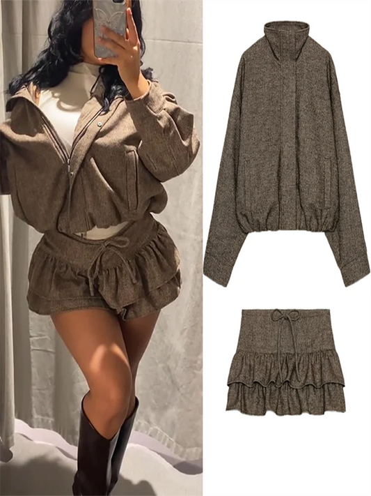 Women's Brown Skirt Jacket Set Stand Collar Bomber Jacket Coat Matching Ruffled Skirts Vintage Casual Outfit Autumn Streetwear