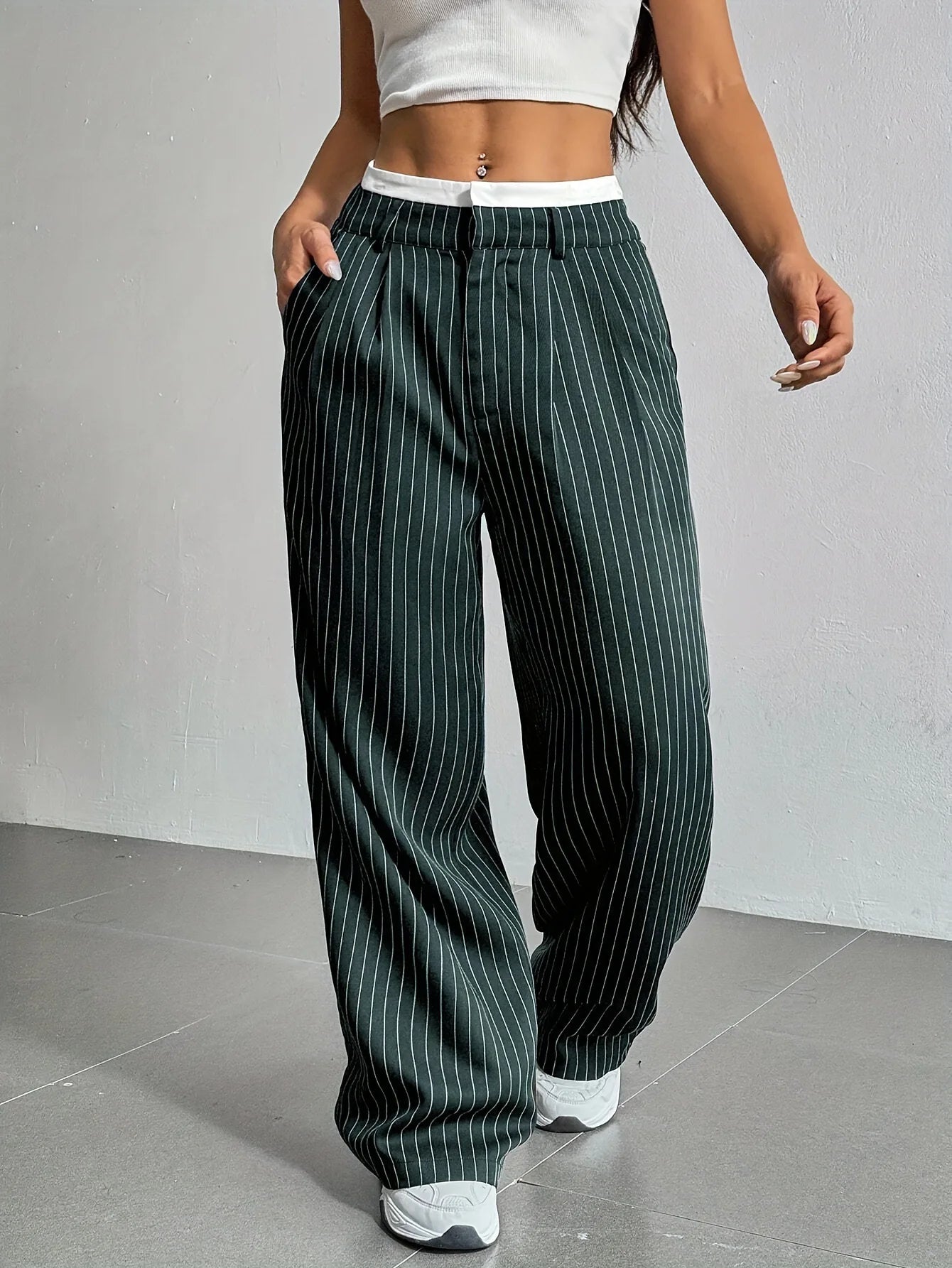 Women's Straight Leg Pinstripe Trousers High Waist Office Business Pants Casual Striped Dressy With Pockets