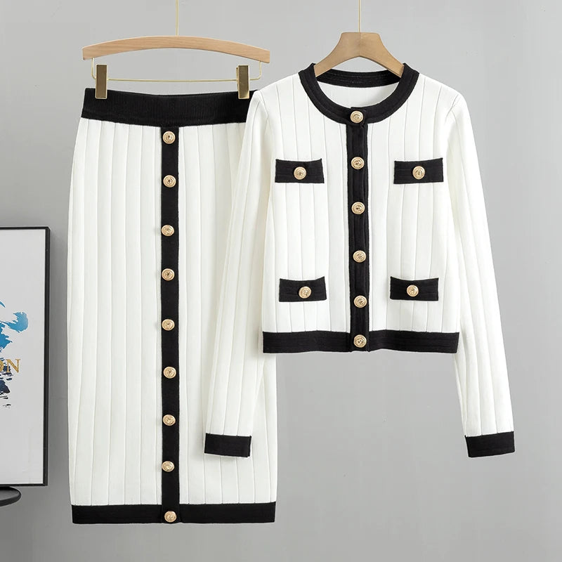 Women Autumn and Winter New O-Neck Cardigan Knitted Skirt Set Commuter Color Block Print T-shirt High Waist Wrap Hip 2-piece Set