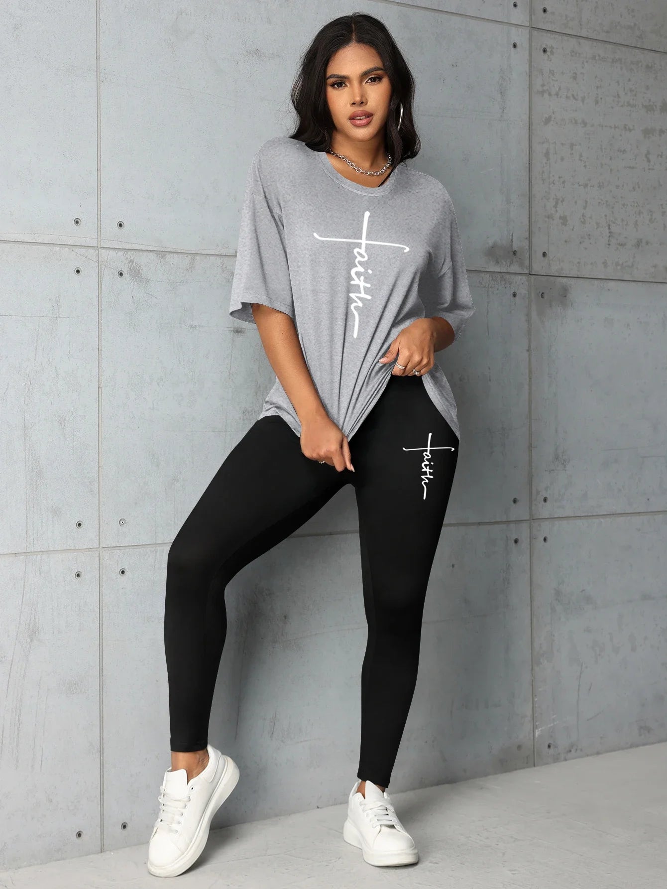 Women's summer fashion all-match Faith letter print loose large size T-shirt leggings two-piece set Short sleeves and long pants