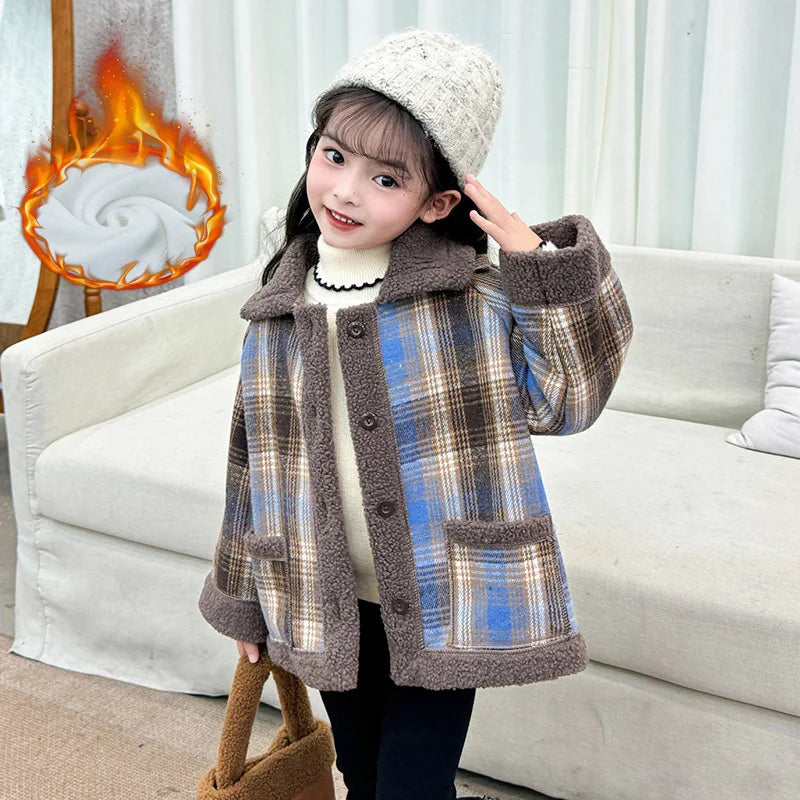 Plush Velvet Girls Jackets Plaid Kids Thickened Winter Coats Lamb Fur Turn-down Collar Outerwear Children Fleece-lined Clothes