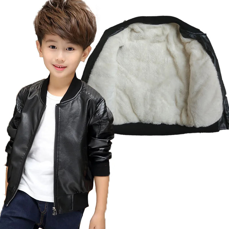 Boys Plus Velvet Thick Leather Jackets Kids Girls Autumn Winter Coat Fashion Clothing Children's Warm PU Leather Outerwear 2-14Y