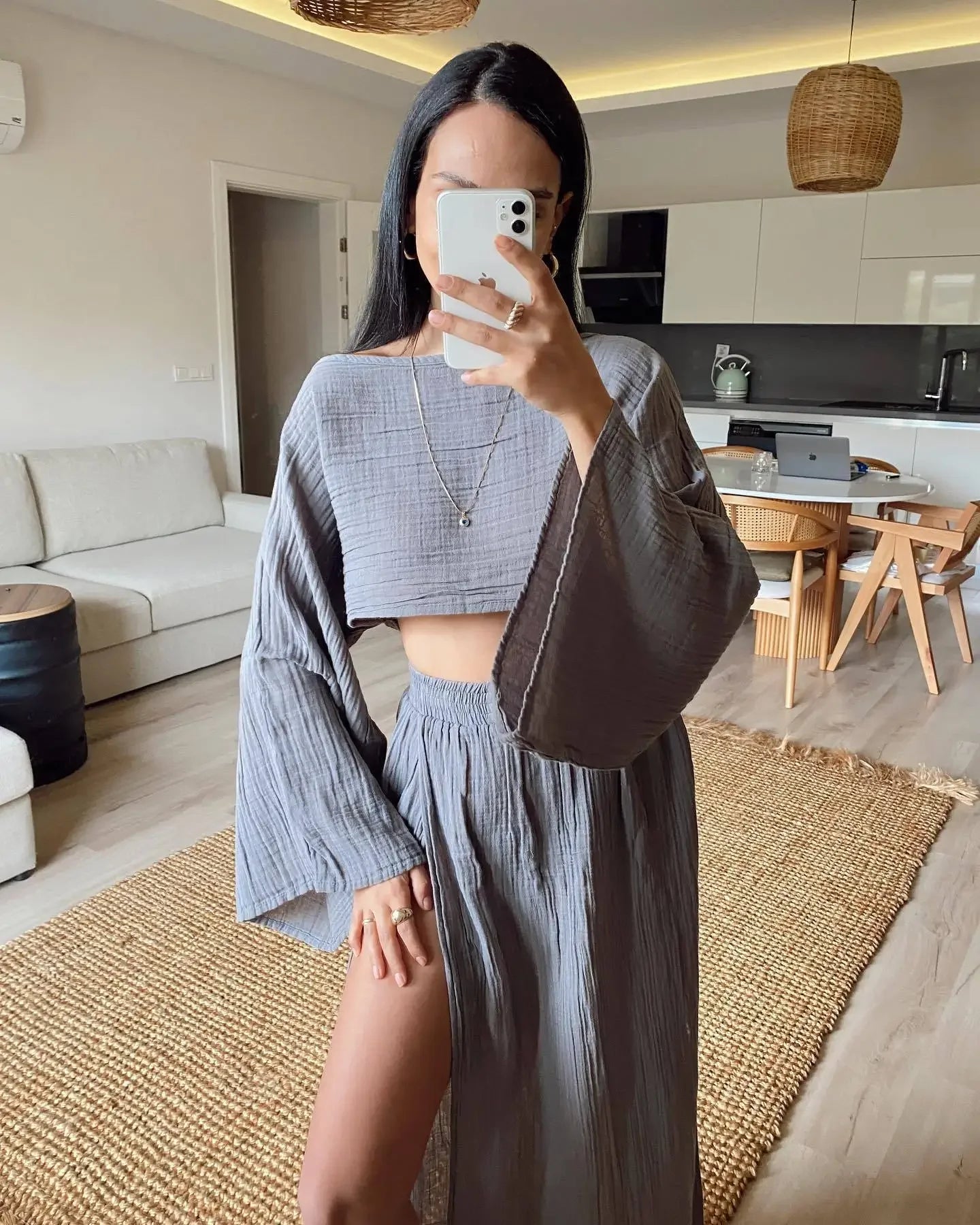 2 Pcs/Set Women Crop Top Skirt Sets Long Sleeve Top High Waist Split Skirts Suit Beach Bikini Coverup Lady Elegant Party Outfit