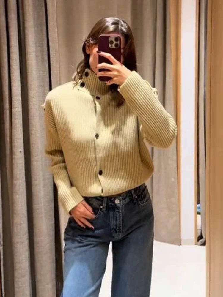 Elegant Stand Collar Knitted Sweater For Women Y2K Chic Long Sleeve Single Breasted Cardigan Lady Street Evening Party Knitwear