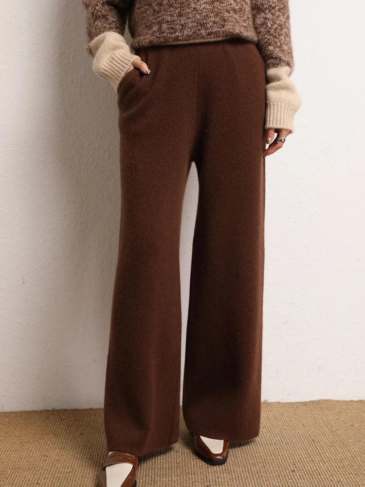 New Chic Women's 100% Cashmere Pants Autumn Winter Wide Leg Pants Simple Style Office Lady Cashmere knitted Trousers Thick Pants