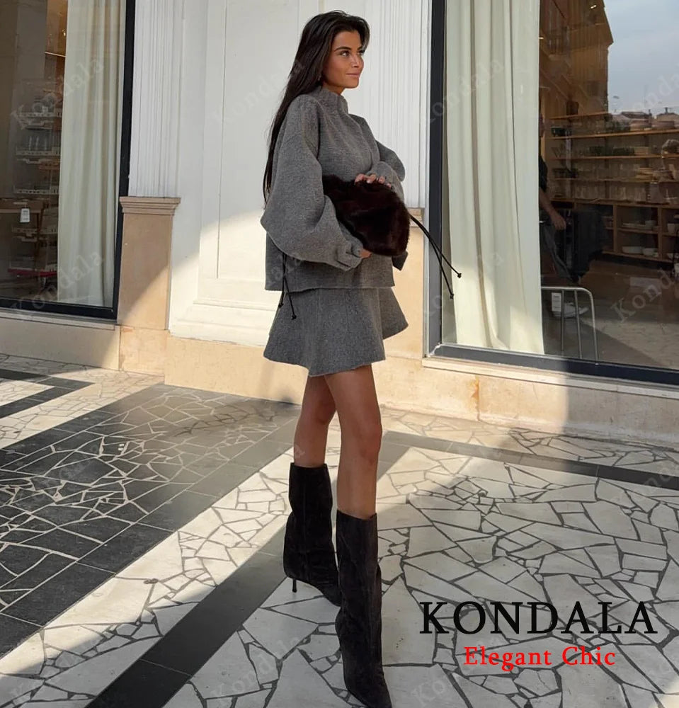 KONDALA Ladies Fall Knitted Skirt Set Pleated O-Neck Buttons Jacket, Mini Skirt 2025 Autumn Fashion Elegant Female Skirt Suit