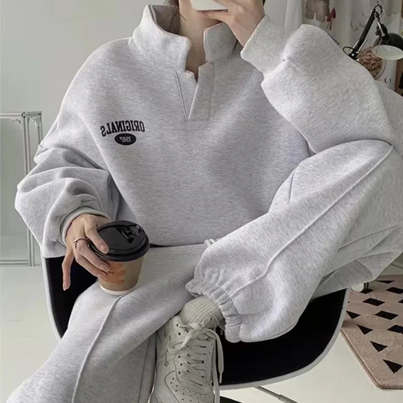 Women's Fleece Lined Hoodie And Pants Set Casual Sportswear For Running Autumn Winter New Fashion Street Style Two Piece Outfit