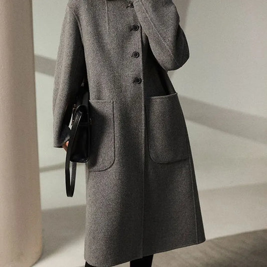 Solid Button Pockets POLO Collar Long Sleeve Outerwear Elegant Fashion Harajuku Female Clothes Loose Casual All Match Overcoat