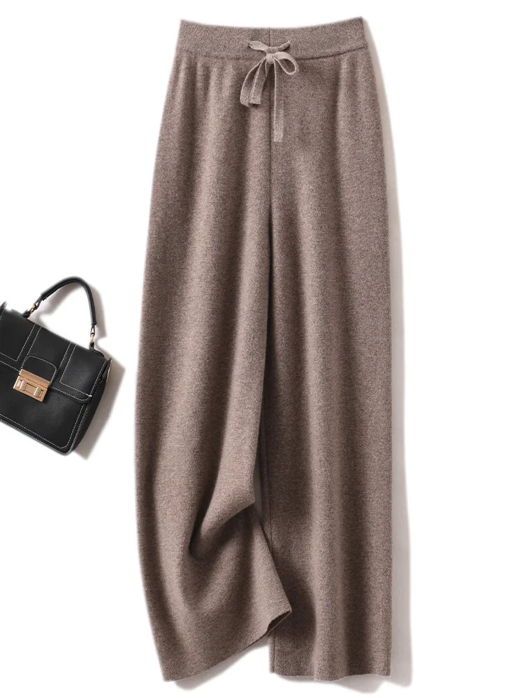 Autumn Winter Women's Pants Basic Soft Casual Sashes Trousers 100% Merino Wool Knitwear Korean Popular Pants