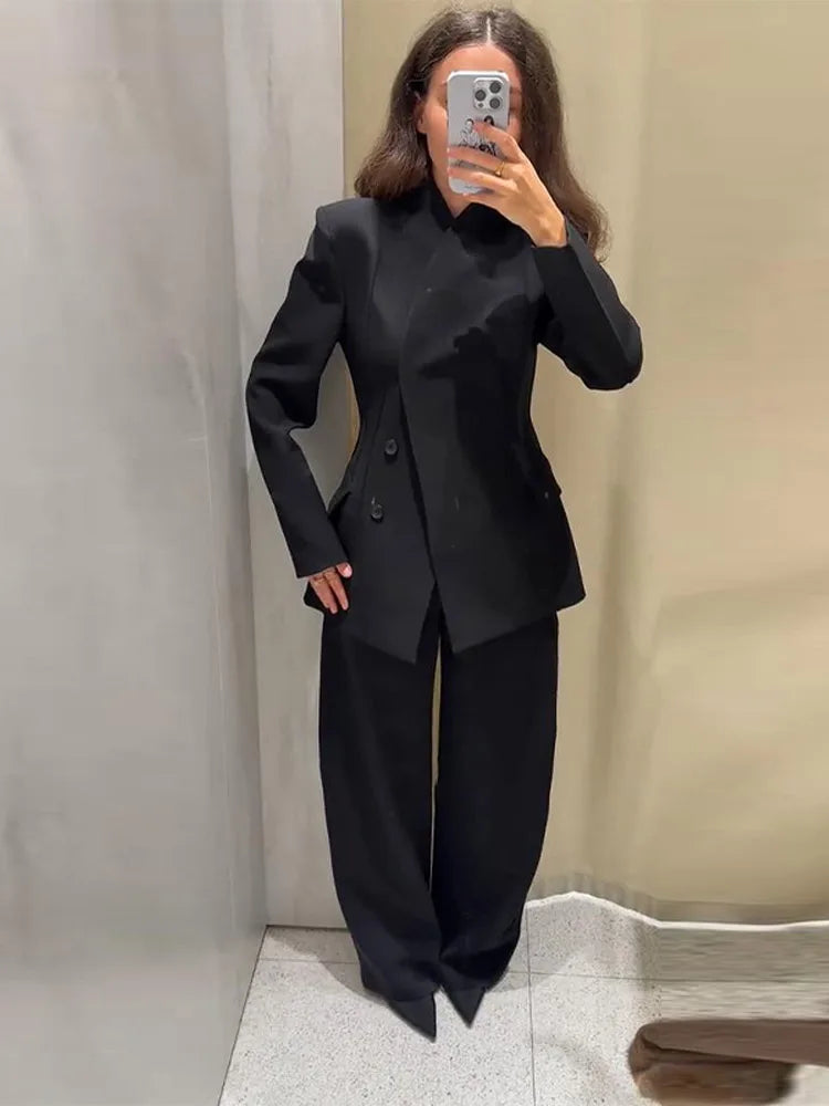 Classic Suit Jacket Long Pant Set Women Vintage Waist-cinching Jackets Straight Pants Sets Female Autumn Chic Street Outfits