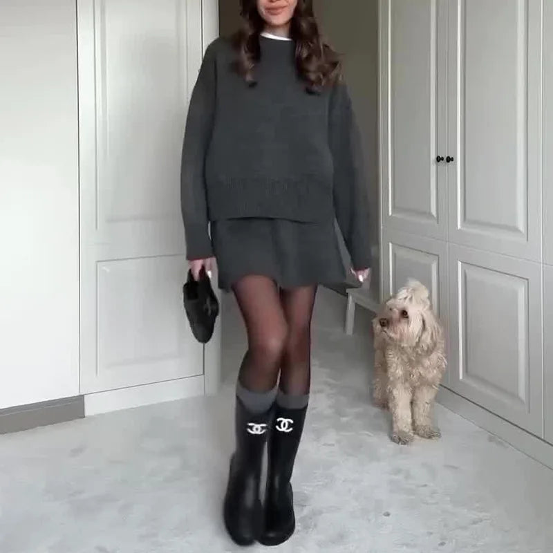 Winter Autumn Chic Knitted Two Piece Set Women Fashion Preppy Style O Neck Loose Sweater A Line Mini Skirt Sets Female Outfits