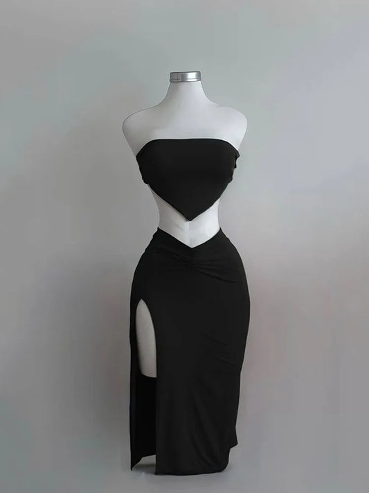 Strapless Backless Crop Top High Waist Skirt 2 Piece Set Women Summer Sexy Slim Fit Split Midi Dress Tube Suits Party Club Sets