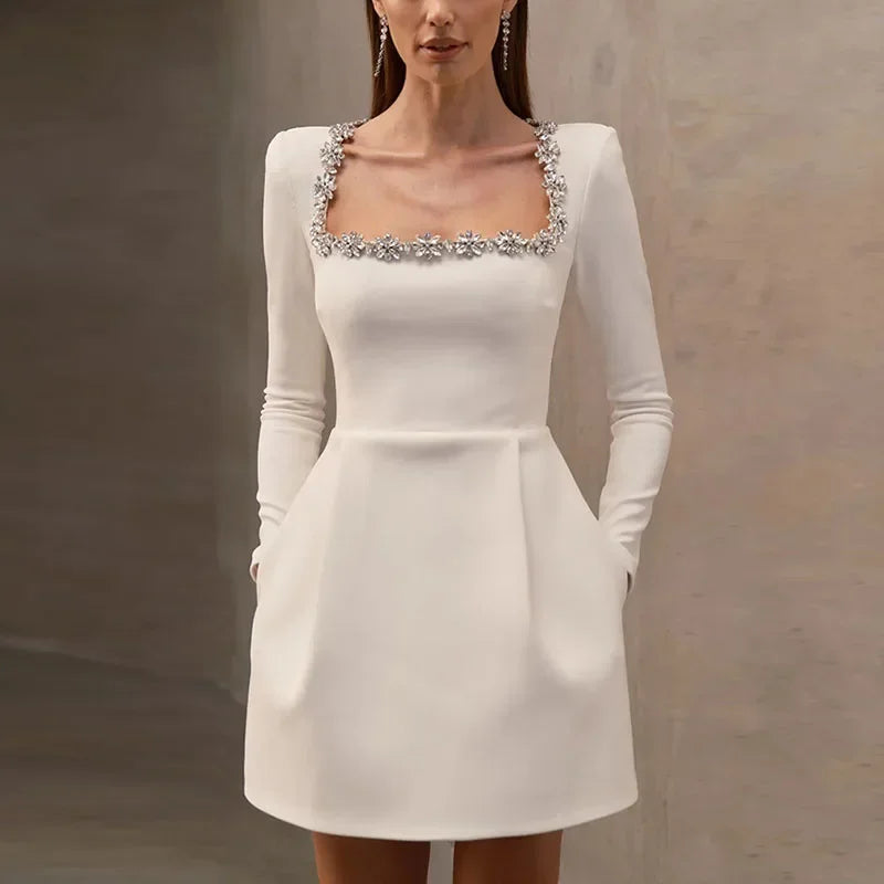 Women Long Sleeve Square Collar Beading Velvet Dress High Waist Slim A-line Party Dresses Ladies Evening Gowns