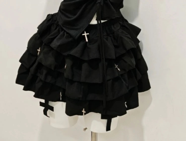 HarajukuTwo Piece Set Women Clothing Drawstring Off Shoulder Tshirts Ruffles Mini Skirt Suit Roupas Femme Goth Summer Outfits