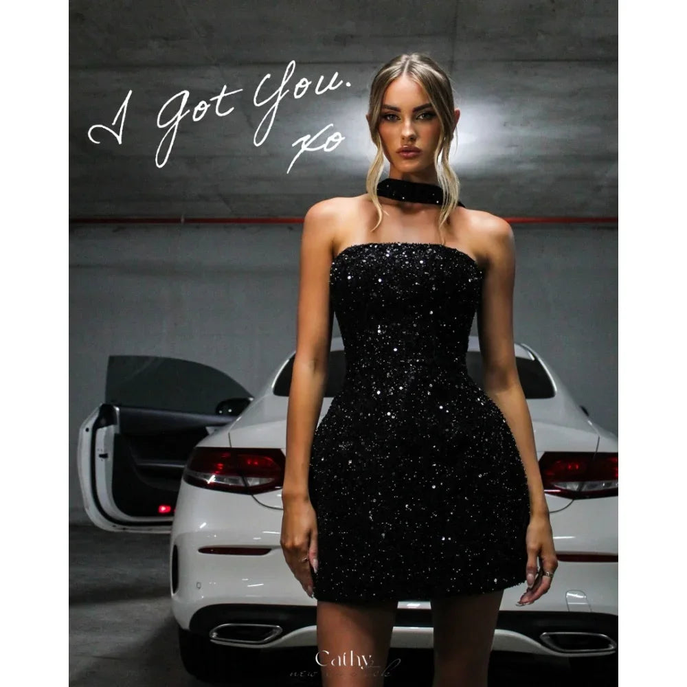 Sequins Short Skirt Halter Neck Evening Dresses Strapless Sleeveless vestidos de noche Prom Customized Formal 2025 Party Gowns