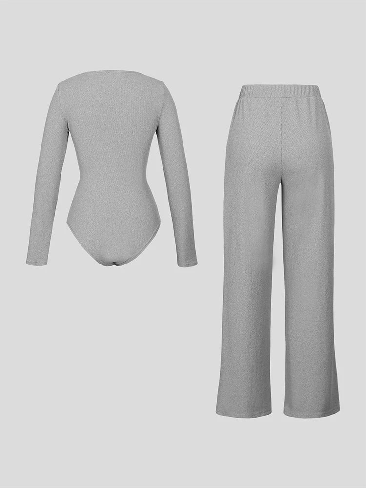 Ladies Casual Two-Piece Suit round Neck Long Sleeve Top with Wide Leg Pants Pure Color Straight Loose Trousers Elegant Outfit