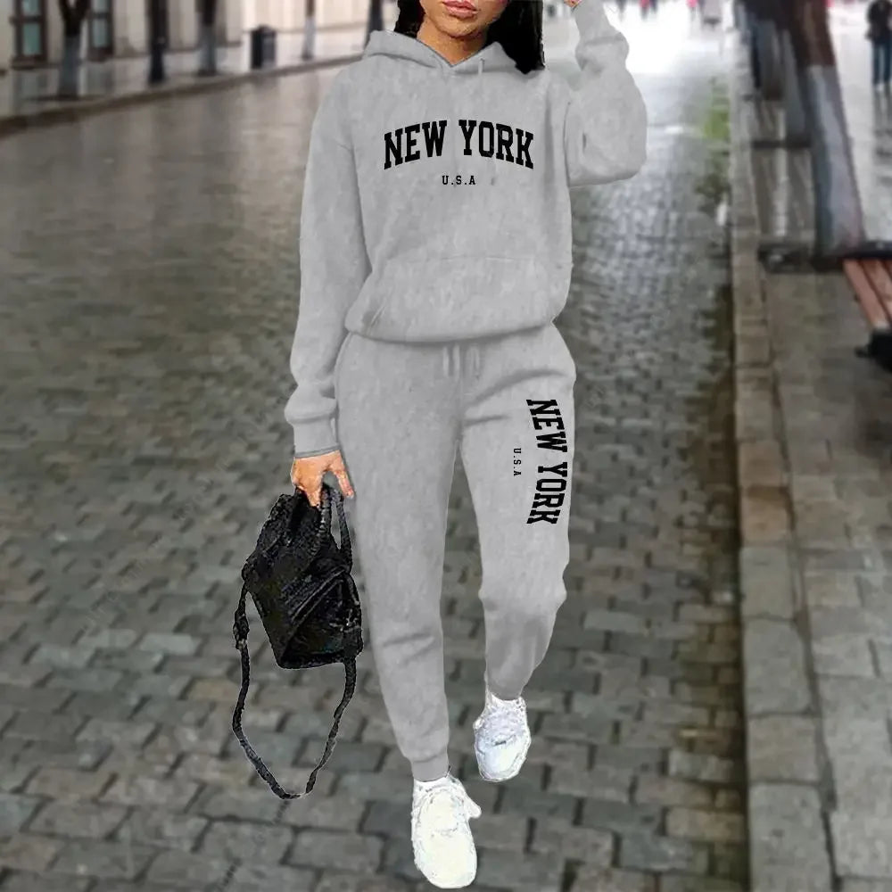 New Women's Hooded Sports Pants 2-Piece Set Winter Spring Style Casual Running Street Wear High Quality Sportswear Tracksuit