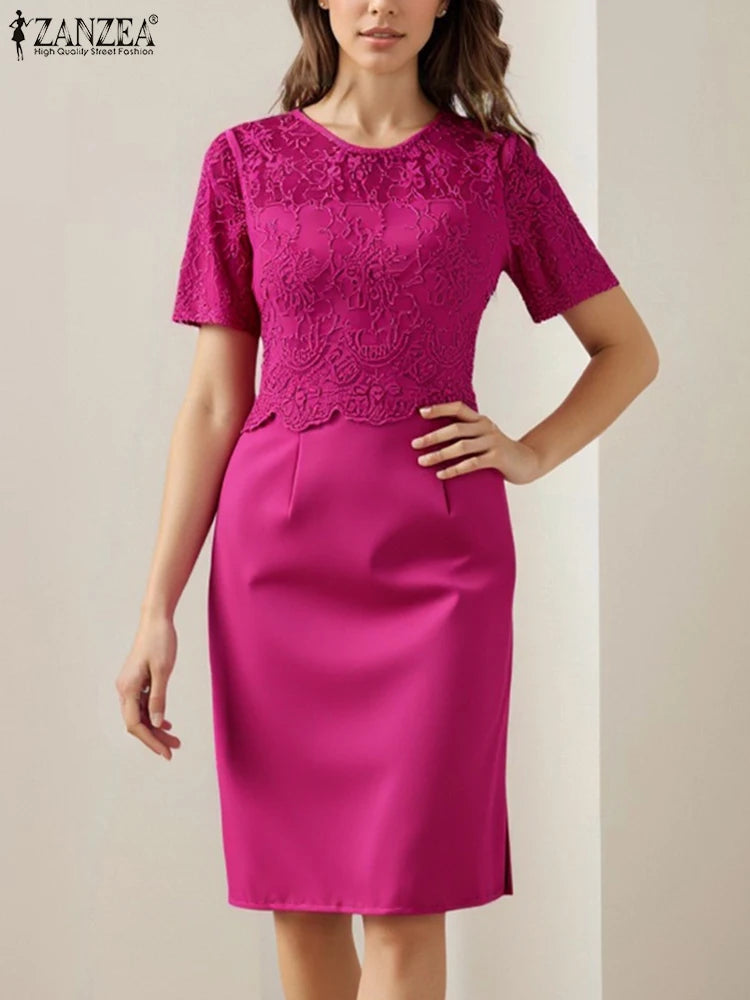 2025 ZANZEA Summer Lace Patchwork Dresses Elegant Stylish Party Dress Women Short Sleeve Slim Fit Sundress Solid Satin Midi Robe