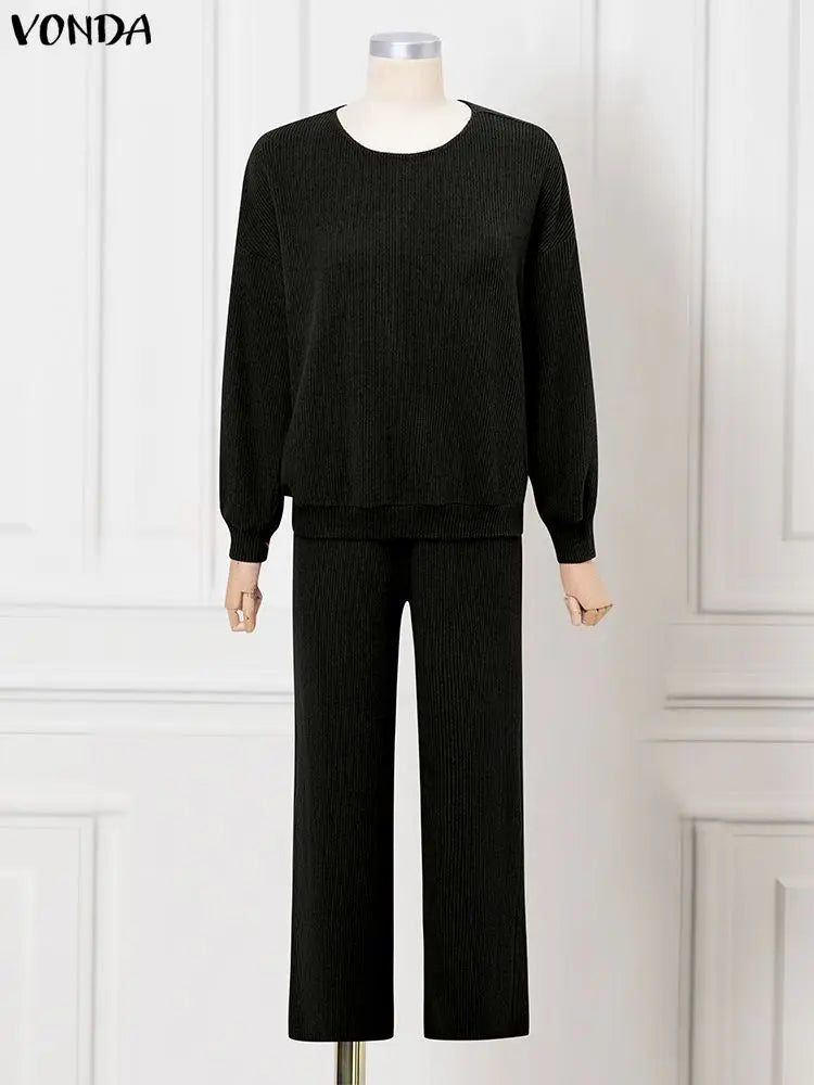 Plus Size 5XL VONDA Women Knitted Pant Sets 2025 Autumn Long Sleeve Sweater and Long Pants Suits Fashion Solid 2 Piece Outfits